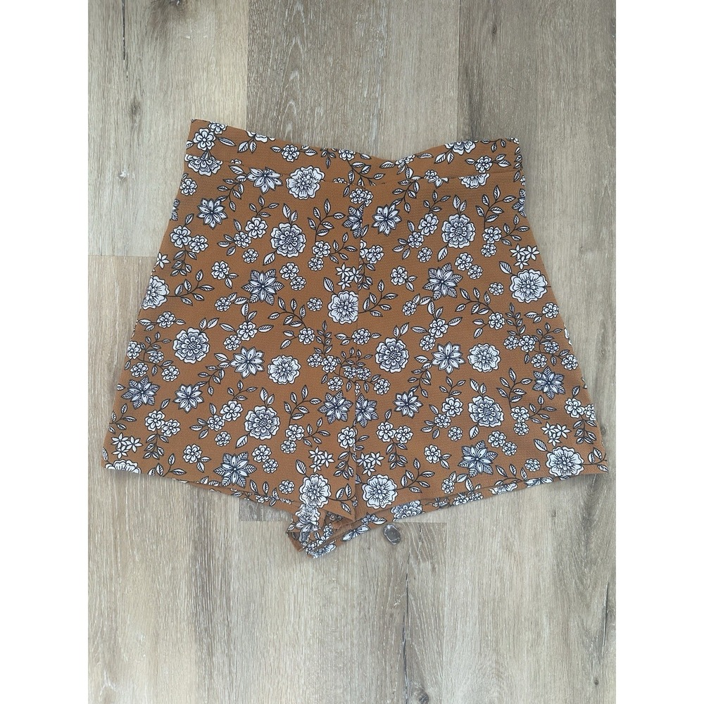 Story Floral Skort Womens M Brown Rust High Rise Stretch Mini Shorts USA
